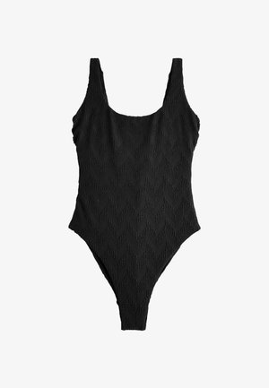Fekete, texturált egyrészes fürdőruha kerek nyakkivágással és magasra vágott lábnyílásokkal, finom cikk-cakk mintával.