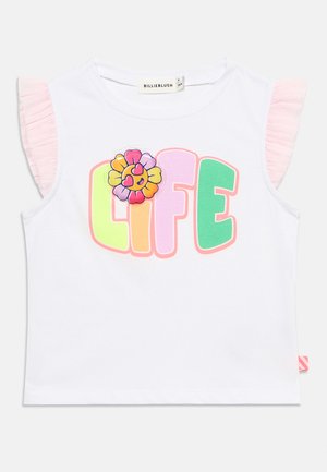 White sleeveless toddler shirt with pink ruffled sleeves and colorful "LIFE" text, featuring a multicolored flower patch near the neckline.