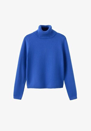 Blue turtleneck sweater made of soft knit fabric. Features a ribbed collar, long sleeves, and a cropped hem for a modern fit.