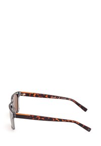 Silmät tortoiseshell -aurinkolasit, joissa on harmaa etuosa, ruskeat linssit ja kuvioidut musta-ruskeat varret. Sisältää Earthkeepers -merkinnän temppeleissä.