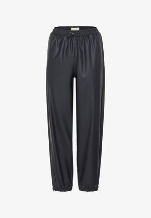 Fekete szintetikus nadrág, elasztikus derékkal és mandzsettával, sima textúrával. Egyenes szárú kialakítás, alkalmas hétköznapi viseletre.