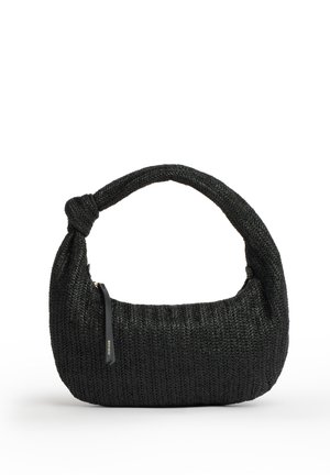 Borsa in tessuto nero lavorato a maglia con manico corto annodato a un'estremità e piccola cerniera sul lato.