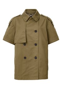 Krótko rękawowa podwójnie zapięta marynarka w oliwkowym kolorze, z dużymi czarnymi guzikami, naramiennikami oraz kołnierzem zapinanym na dwa sposoby.