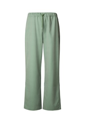 Pantaloni verde chiaro a vestibilità ampia con vita elastica e coulisse, gambe dritte e senza tasche visibili su sfondo bianco.