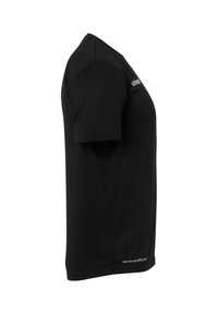 Zwarte t-shirt met korte mouwen van zachte stof, met een ronde hals, gladde textuur en witte logodetails aan de voorkant en achterkant.