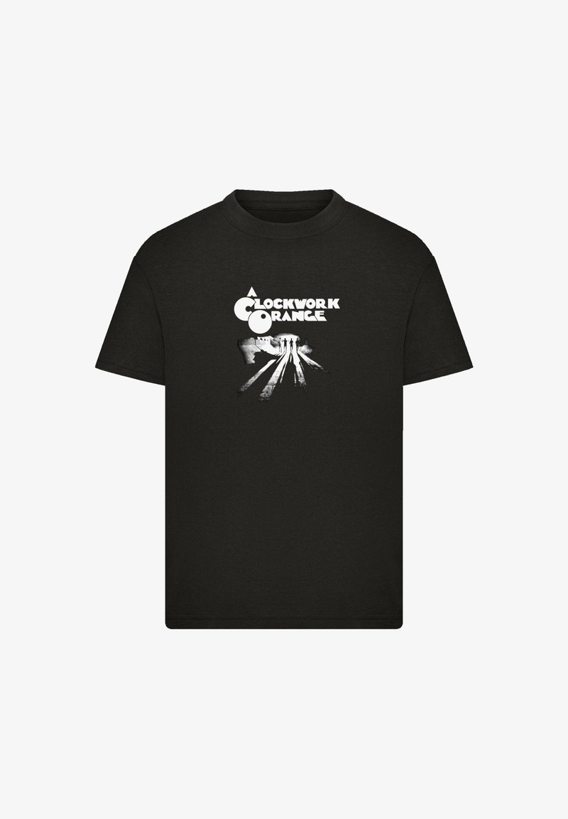 Black cotton t-shirt featuring a graphic print of stylized text and an artistic design in white, inspired by "A Clockwork Orange."