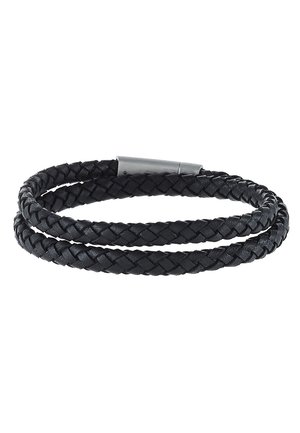 Bracelet en cuir tressé noir avec un design à double enroulement, doté d'une fermoir en métal élégant pour un maintien sécurisé.