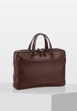 Brown leather laptop bag with two top handles, zip closure, front pocket, and sleek rectangular design. Smooth texture with silver hardware accents.