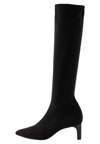 Botte noire au-dessus du genou en tissu lisse, avec un bout pointu et un talon bloc modéré, affichant une silhouette ajustée et sans coutures.