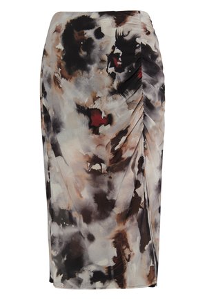 Hame, joka ulottuu polveen ja on valmistettu kevyestä kankaasta. Hameessa on virtaava abstrakti kuvio ruskeassa, mustassa ja punaisessa värissä, sekä sivuilla olevat rypytysdetailit.