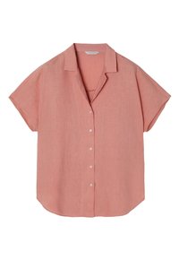 Camicetta rosa a maniche corte realizzata in tessuto leggero. Presenta un colletto e bottoni frontali, con una vestibilità rilassata e orlo curvo.