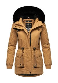 Khaki parka jacket with a faux fur hood, drawstring waist, zippered chest and side pockets, and contrast black detailing.