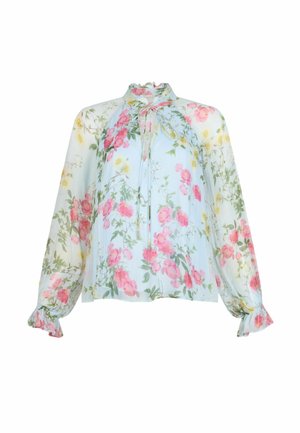 Blouse à manches longues bleu clair avec imprimé floral rose et jaune, col volanté, lien à nouer devant et poignets à volants.