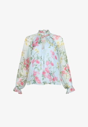 Bluza svijetloplave boje s dugim rukavima, ružičastim i žutim cvjetnim uzorkom, naboranim izrezom, vezicom sprijeda i naboranim manžetnama.