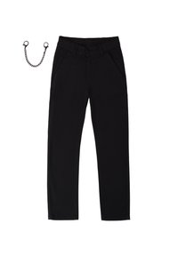 Pantalons noirs avec un design à jambe droite, fabriqués en coton, comportant des poches avant, des passants de ceinture et un accessoire de chaîne détachable.