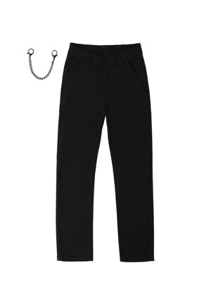 Pantalons noirs avec un design à jambe droite, fabriqués en coton, comportant des poches avant, des passants de ceinture et un accessoire de chaîne détachable.