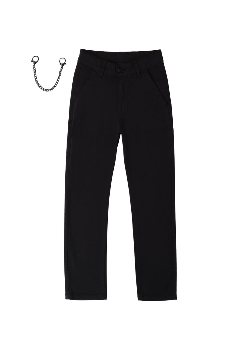 Pantalons noirs avec un design à jambe droite, fabriqués en coton, comportant des poches avant, des passants de ceinture et un accessoire de chaîne détachable.