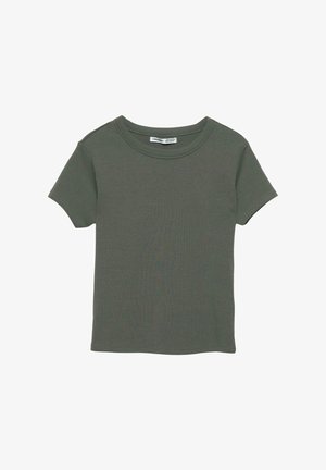 Olijfgroene katoenen T-shirt met een ronde hals en korte mouwen, met een gladde, zachte textuur en minimale stikseldetails.