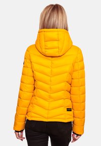 Yellow puffer jacket with a chevron design, hood, and black accents. Features quilted texture and elastic cuffs. Back view shown.