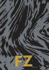 Abstrakt tyg med svarta och grå snurrande mönster; har djärva gula "FZ" bokstäver i nedersta centrum.