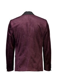 Burgundyjacka med ett texturerat blommönster. Har en svart krage och knappar som accent på ärmarna. Bakifrån visas en figursydd design.