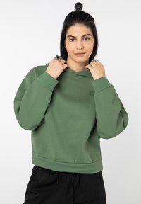 Green cotton hoodie with a relaxed fit, adjustable drawstring hood, ribbed cuffs and hem, and small logo detail on the chest.