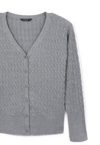 Cardigan grigio a maglia con collo a V, maniche lunghe e cinque bottoni coordinati sul davanti, taglia piccola, firmato Calliope.