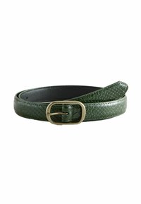 Green, textured leather belt with a snake skin pattern. Features a round, gold metal buckle. The belt is sleek and narrow.