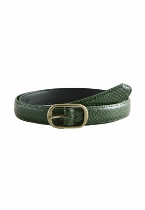 Green, textured leather belt with a snake skin pattern. Features a round, gold metal buckle. The belt is sleek and narrow.
