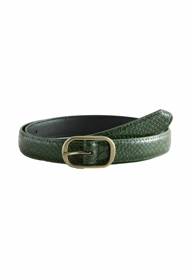 Green, textured leather belt with a snake skin pattern. Features a round, gold metal buckle. The belt is sleek and narrow.
