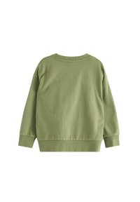 Felpa in cotone verde con vestibilità rilassata, polsini e orlo a coste, girocollo e texture liscia. Vista posteriore.
