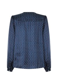 Σκούρο μπλε μακρυμάνικο πουκάμισο από ελαφρύ ύφασμα, με μικρό σχέδιο από κόκκινες και λευκές κουκίδες, κουμπωτές μανσέτες και ράχη.