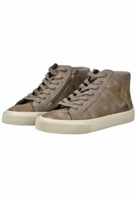 Baskets montantes en daim tan avec bout rond, surface texturée, devant à lacets contrastants, fermeture éclair sur le côté et semelle en caoutchouc avec rainures.
