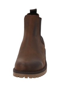 Bottines en cuir marron avec une texture lisse, des panneaux latéraux élastiques et une semelle en caoutchouc robuste. Équipées d'une languette pour un enfilage facile.