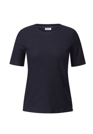 Navyblauwe t-shirt met korte mouwen, gemaakt van zachte stof, featuring een ronde halslijn en een relaxte pasvorm. Subtiele textuur, geen zichtbare patronen of accenten.