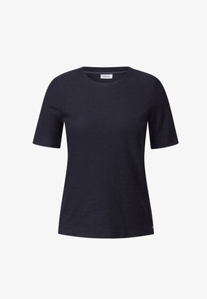 Navyblauwe t-shirt met korte mouwen, gemaakt van zachte stof, featuring een ronde halslijn en een relaxte pasvorm. Subtiele textuur, geen zichtbare patronen of accenten.