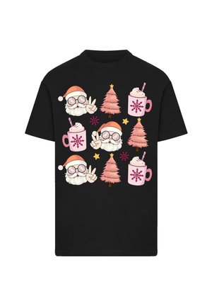 Black t-shirt featuring colorful cartoon designs of Santa, pink Christmas trees, festive mugs, and stars, printed in various playful arrangements.