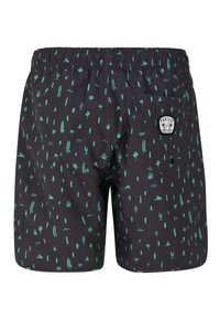 Pantaloni da bagno neri con stampa di cactus verde e onde, vita elasticizzata e tasca posteriore con logo.