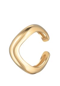 Anillo en tono dorado con un diseño liso y ondulado. Presenta extremos abiertos y un acabado brillante, resaltando una estética moderna y minimalista.