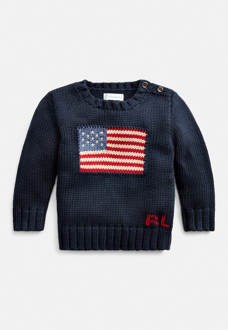 Navy knitted sweater featuring a knitted American flag motif on the front and a small red "R.L." embroidered detail. Crew neckline with buttons.