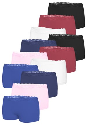 Ten pairs of women's boyshort underwear in black, burgundy, white, navy blue, and pink, each with lace trim at the waistband.