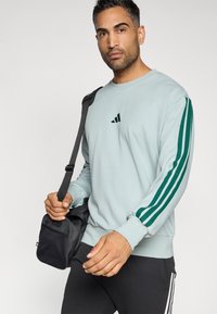 Ανοιχτό μπλε φούτερ με σκούρο πράσινο σχέδιο τριών λωρίδων στα μανίκια και μικρό λογότυπο στο στήθος. Το μοντέλο κρατάει μια μαύρη τσάντα με λουρί για τον ώμο.