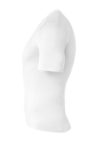 T-shirt de compression blanche à manches courtes, fabriquée en tissu texturé, dotée d'un design ajusté et d'une construction sans coutures pour le confort et la respirabilité.