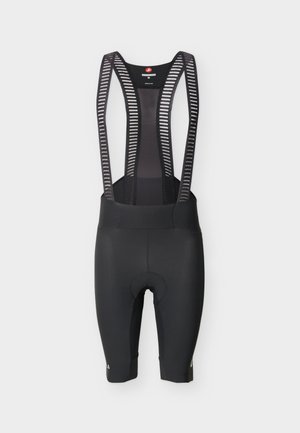 Zwarte fietsbibshorts met gevoerde zitpartij, ademend meshrugpaneel en gestreepte elastische bandjes die van de taille naar de schouders lopen.