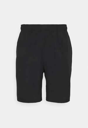 Zwarte elastische taille knielange shorts weergegeven op een witte achtergrond.