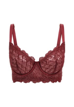 Burgundy lace bra with scalloped edges, patterned texture, underwire support, and adjustable satin straps. Embellished with detailed designs.