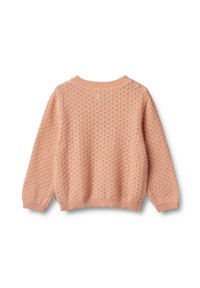 Sweter o dzianinie w jasnoróżowym kolorze z teksturowanym wzorem, okrągłym dekoltem, długimi rękawami oraz ściągaczami przy mankietach i u dołu.