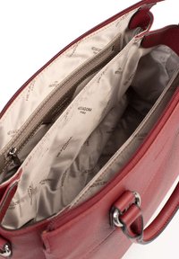 Rode leren handtas met dubbele compartimenten, een ritssluiting en een beige interieur met herhaaldelijk "Hexagona Paris" merk. 