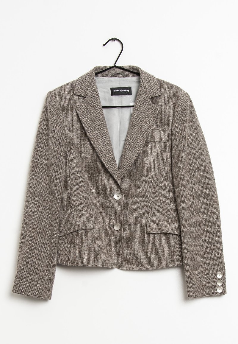 Světlý houndstooth blazer vyrobený z texturované tkaniny. Má slim fit, klopové límce, dva knoflíky a akcenty v podobě tří knoflíků na rukávech.