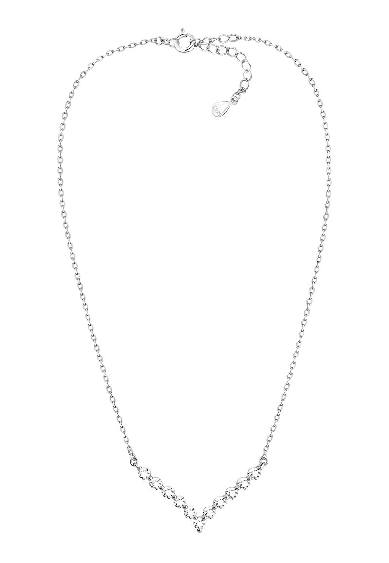 Sølv halskæde med en delikat kæde og et V-formet design med klare ædelsten, der udviser et minimalt og elegant mønster.